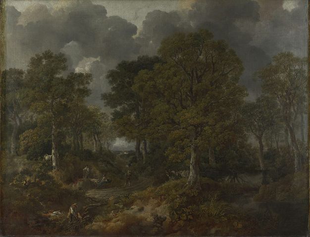 Painting. Shadow falls across a forest. People walk on or sit alongside a path cutting through tall trees, and a river winds towards us to our right. A bank of steel-grey clouds fills in most of the sky above.