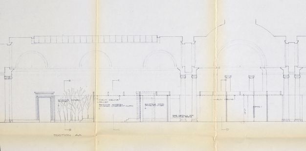 Drawing. Elevation shows the exhibition design showing the architectural features with a few hand-written annotations.