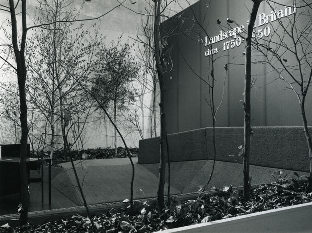 Installation. Black and white photograph of spindly trees growing in long planter boxes at the entrance to an exhibition.