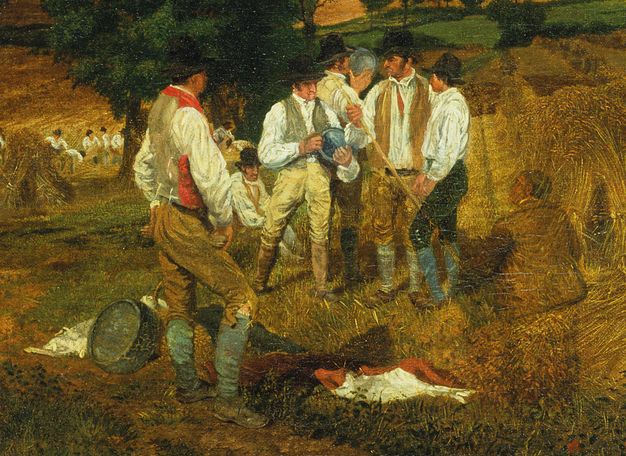 Painting. Detail of seven men standing or sitting next to a hay field. Five standing at the centre have pale skin and wear black brimmed hats, white shirts with puffy sleeves, knee-length britches over stockings, and four of them wear vests. A man sitting to our right nearly blends into the hay, and he may have darker skin. The land slopes down and away from us.