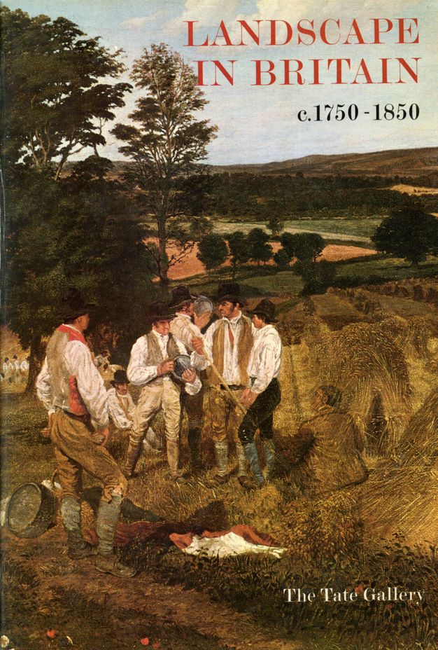 Book cover. A painting of seven men standing or sitting next to a hay field. The land slopes down and away from us.