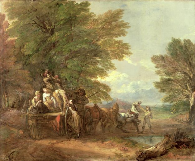 Painting. One man helps lift a woman onto a horse-drawn cart next to a stream in this nearly square landscape. Several other men and women are in the cart. One man stands and drinks and another reaches for the jug. A boy holding a whip stands at the front horse’s head. Towering trees fill the left half of the composition. The horizon comes about a third of the way up the composition, and thin white clouds skim across a steel-blue sky.