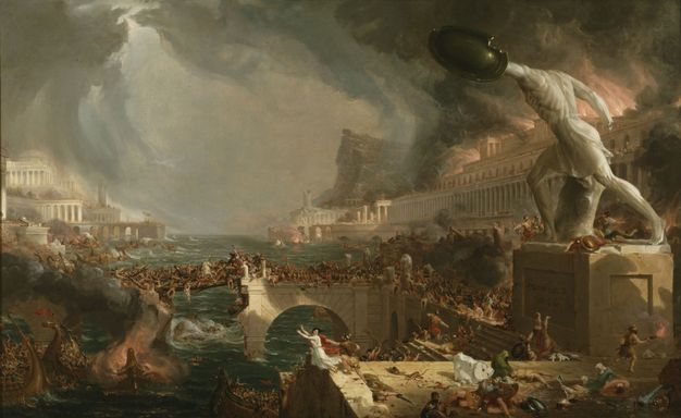 Painting. Colonnaded buildings line a bay as storm clouds swirl overhead in this vast landscape. On a platform close to us, people fight and flee. On a high plinth to our right, a sculpted colossus of a muscled warrior strides forwards, but has lost his head. Fires burn, bridges collapse, and warships clash along both shores and in the water.