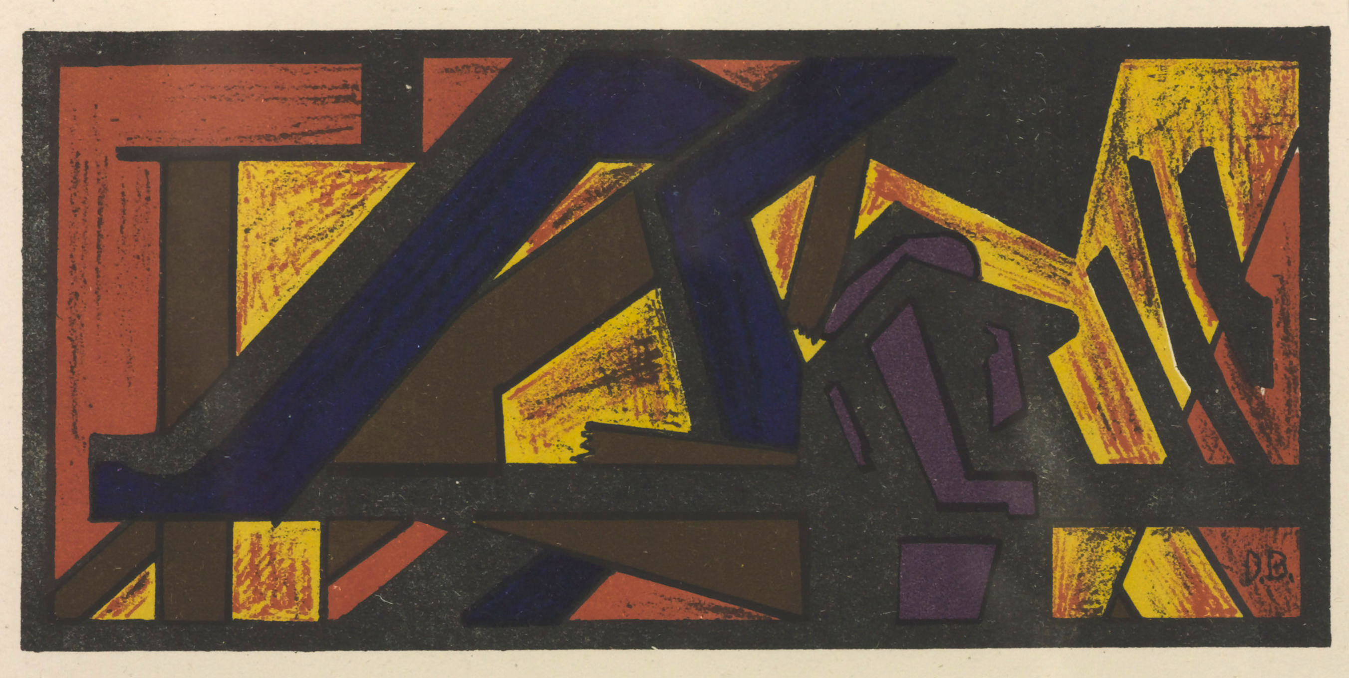 Print. Angular bands of royal blue, brick red, buttercup yellow, brown, black, and violet create interlocking shapes. A knot of black and purple lines to our right of centre could be two performers embracing or dancing.