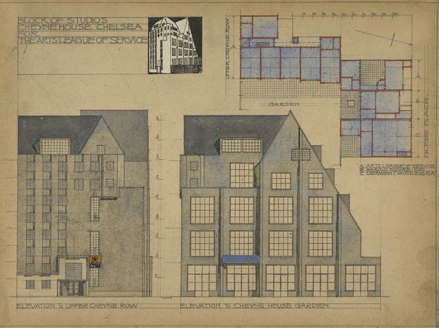 Watercolour. Two elevations and a floor plan are titled, “Block of Studios Cheyne House Chelsea for the Artist League of Service”. The eight-storey building has banks of windows spanning its levels on the elevation facing the “Cheyne House Garden”. It is grey with tinges of blue.