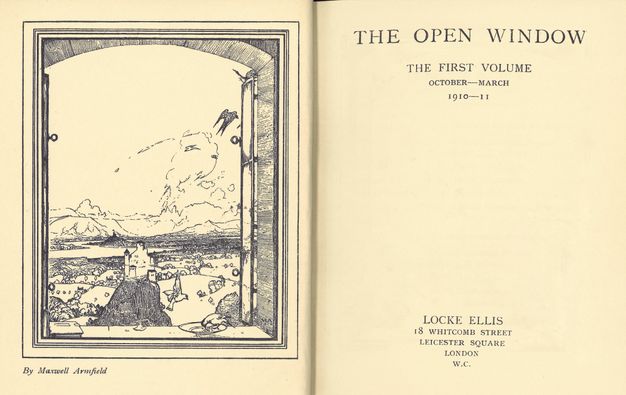 Pages of a book. The colophon on the title page, to our right, reads, “Locke Ellis 18 Whitcomb Street Leicester Square London W.C.” The illustration to the left shows a view out a window onto a deep landscape with a town and mountains. Text below reads, “By Maxwell Armfield”.