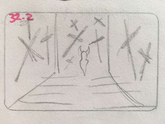 Drawing. A rectangular storyboard drawn in pencil blocks out the location of a person in front of walls filled with crosses. A notation in pink marker at the top left reads “32.2”.
