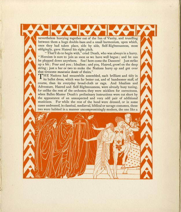 Page of a book. Text printed in black is surrounded by geometric patterns and an illustration printed in orange-red. The borders are made of triangles and chevrons. In the scene below, five people wearing dark hoods and robes advance from our left towards three people moving to our right.