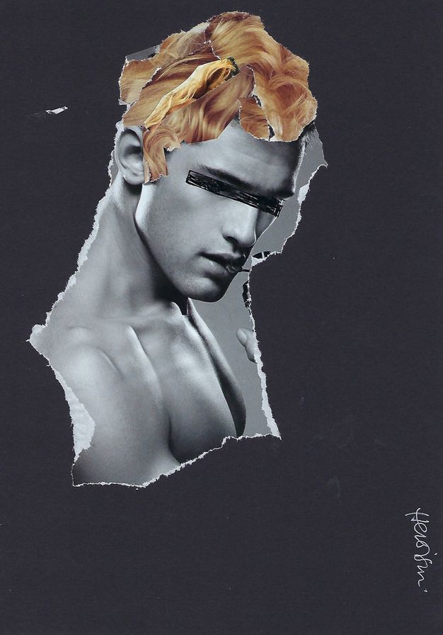 Collage. A black and white photograph, perhaps a magazine illustration, of the head and muscular chest of a man has been ripped and pasted on a black background. Sections of blond curls have been collaged for his hair. A black strip has been coloured over his eyes.