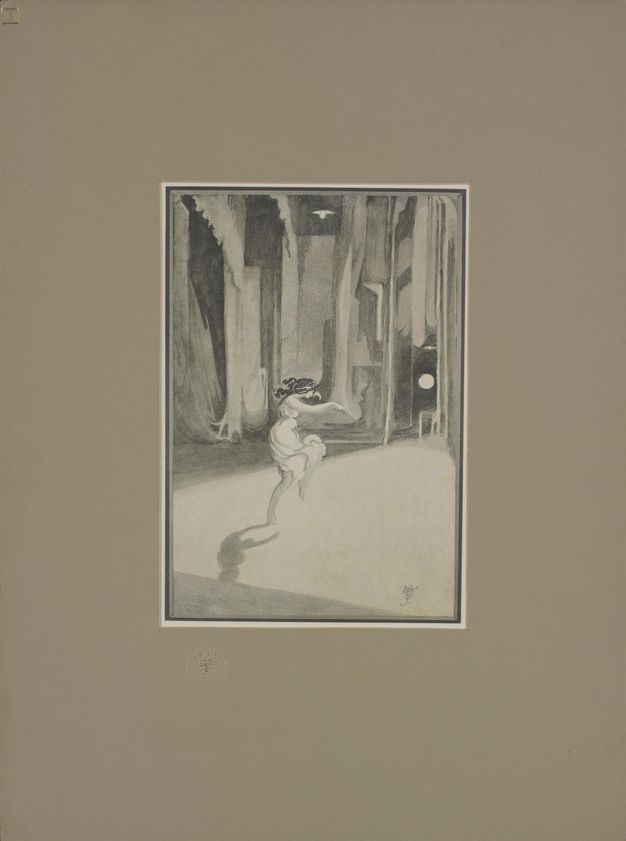 Print. Shown from a vantage point in the wings, a woman lifts both arms and one knee as she dances on stage. The image uses shades of black and grey only, and is framed by taupe matte card.