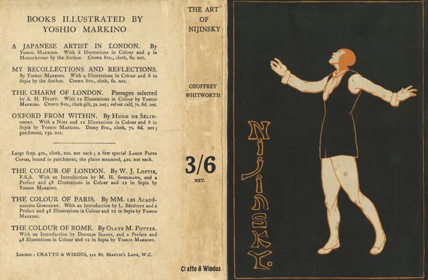Covers of a book. The cover is laid flat so the spine runs down the middle. The right cover, which would have been the front cover, shows a person taking a step to our left, arms raised and head back and tipped away from us. Text with letters outlined in orange and filled in with black is stacked at the lower left corner of the cover and reads “Nijinsky”.