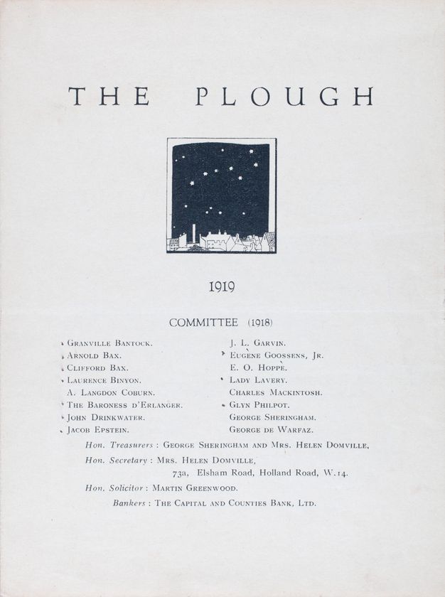 Page of a leaflet. A small square illustration at the centre of the sheet shows a starry night sky over a town skyline. The title and date are printed above and below the image, respectively. Nineteen names printed in two columns follows.