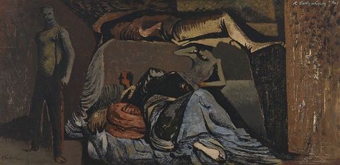 Painting. Several people stand, sit, and lie in a darkened space. Their skin is drab green, muted red, or slate blue. The scene is stylized and abstracted, and the scale and perspective shifts. The scene is painted in tones of brown and muted blue and green.