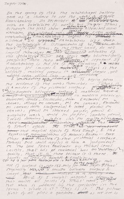 Handwritten document. First of six pages drafting an article. Text is crossed out and revised throughout.