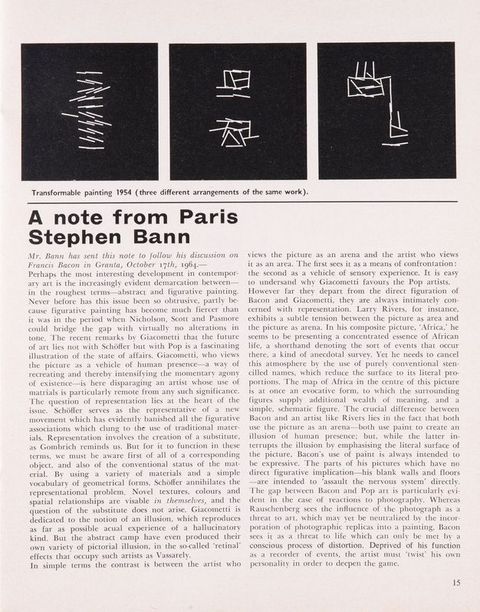 Page from a journal. Three images across the top of the page show white lines arranged against black backgrounds. The caption for those reads, “Transformable painting 1954 (three different arrangements of the same work)”.