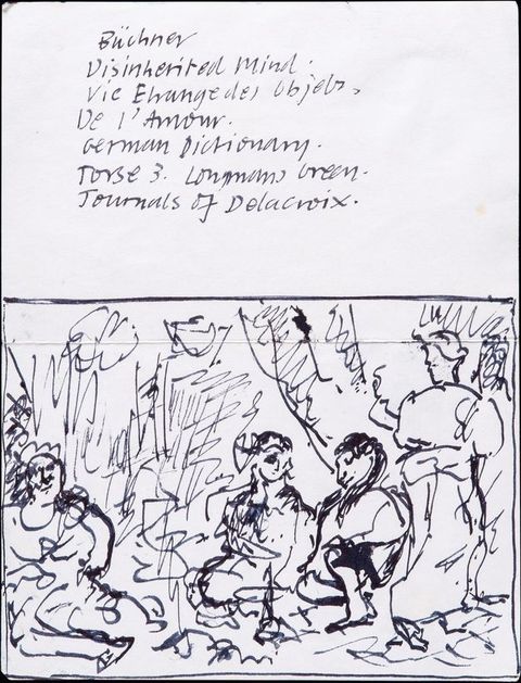 Drawing. Three people sit on a floor as a fourth walks away, to our right. The background is sketched in with squiggles and blocky forms. Handwriting in a mix of German and English above reads, “Büchner Disinherited Mind; Vie Échange Des Objets De l’Amour. German Dictionary. Torse 3. Longmans Green. Journals of Delacroix”.