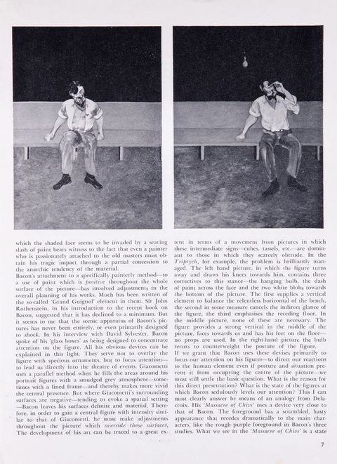 Page of a journal. Second of three pages of an article. Each of two columns is illustrated by black and white reproductions of paintings. Both show a man with exaggerated facial features sitting on a bench. To our left, the man may look out at us. To our right, he holds something to his face.