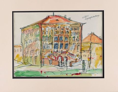 Watercolour. A square building with a hipped roof has a double staircase at the front, which is angled to our right. The scene is loosely laid in with vibrant yellow, brown, and green.