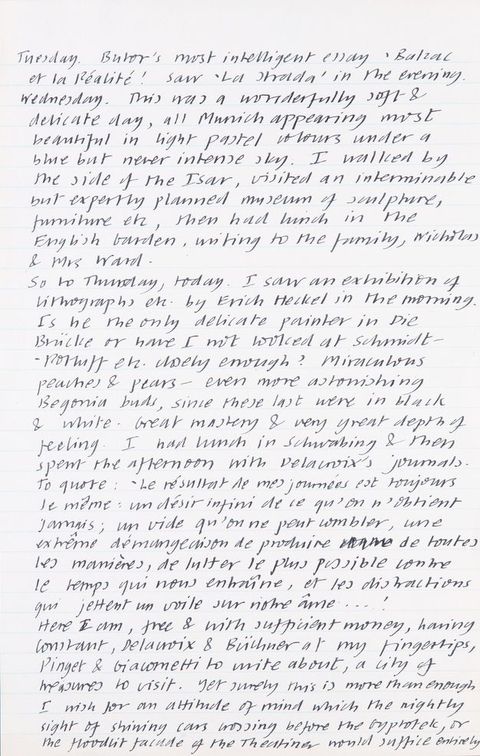Handwritten document. Journal entries are headed with days of the week, starting with Friday and going through Monday. Recollections on this page are about seeing an exhibition and musing on being “free & with sufficient money” and having access to great works of art.