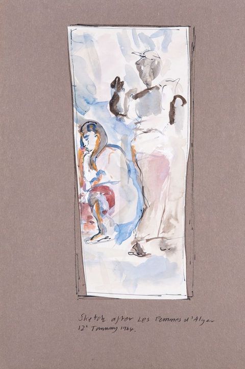 Watercolour. A woman sits on a floor facing our left in profile. Another person with dark skin walks away. The scene is loosely sketched.