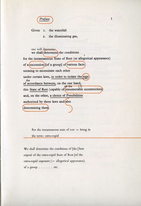 Page of a book. An entry like a dictionary or section of a grammar primer has some words underlined in black and other circled or marked in red. The word “Preface” is both underlined and circled at the top. Text below begins, “Given 1. the waterfall 2. the illuminating gas, one will determine we shall determine the conditions...”