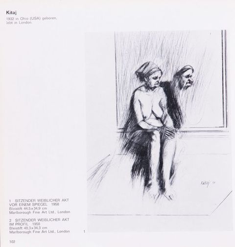 Page from a book. Black and white drawing of a nude woman sitting in front of a mirror takes up most of this square page. Her shoulders slump a bit, and her breasts sag. She wears a head covering, and her features are pinched. A reflection to our right shows only her face with an exaggeratedly long nose and thrusting chin. Caption information is to the left.