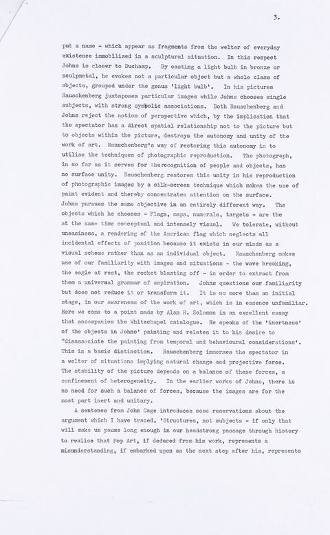 Typewritten document. Third of five pages of an article.