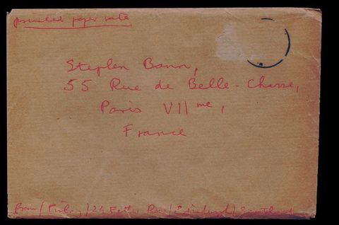 Envelope. Red pen on a yellowed envelope is addressed, “Stephen Bann 55 Rue de Bellechasse Paris VIIme, France”.