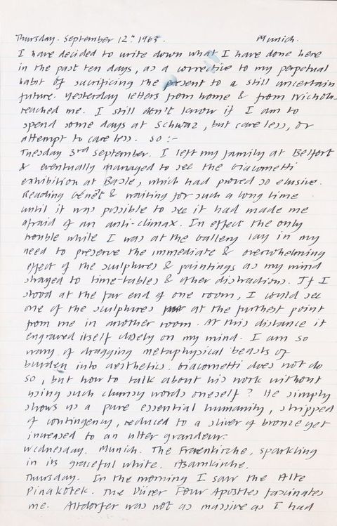 Handwritten document. The first journal entry is dated “Thursday, September 12th 1965”, Munich. The writer, Stephen Bann, captures his experiences seeing art and architecture. An audio file accessed in the caption narrates the page.