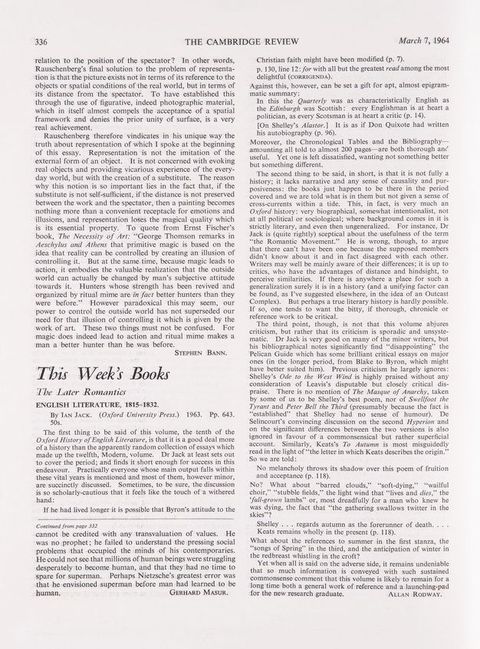 Page of a journal. The third of three pages of an article ends halfway down the left column. The next article is titled, “This Weeks Books”.