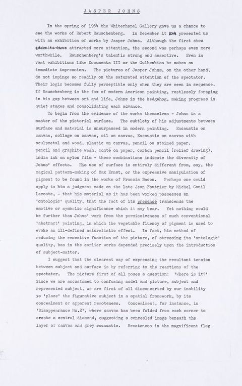 Typewritten document. First of five pages of an article.