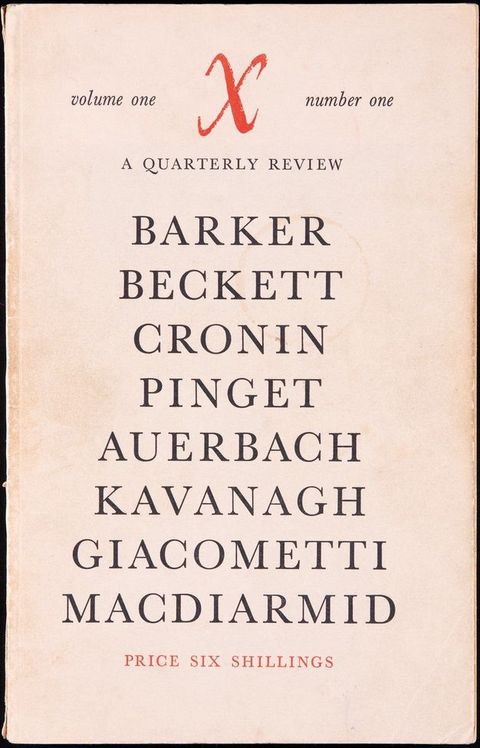 Magazine cover. A red X and text “Price Six Shillings” are printed in red and the rest of the cover in black. After the title, artist’s names are listed in the largest type on the cover as follows: “Barker Beckett Cronin Pinget Auerbach Kavanagh Giacometti Macdiarmid”.
