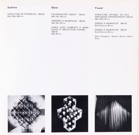 Page from a book. Three square, black and white photographs are across the bottom of this square page. All three show geometric structures creating patterns. Captions across the top of the page begin with the artists names, “Sobrino”, “Stein”, and “Yvaral”.