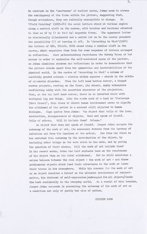 Typewritten document. Fifth of five pages of an article.