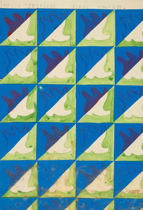 Painting. A repeating pattern of squares coloured with royal blue and lime green on a diagonal to create rows of triangles fill this page. Hand or bird-like forms are in each square. The shape is left white in the green areas and outlined or filled in in black in the blue areas.