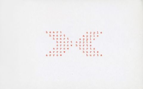 Red text on a white card is typed to make a shape. A wide, thick X is made up of four words: “heart” is at the upper left, “arrow” in the bottom left”, “apple” at upper right, and “hurts” at lower right.