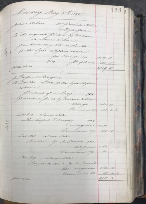 Page of a book. An entry almost halfway down the ledger begins, “J. Pierpont Morgan”. The page is filled with slanting, copperplate writing and figures.