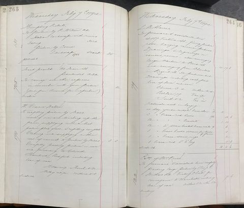 Pages of a book. Facing pages are filled with slanting, copperplate writing. Both pages are headed “Wednesday July 7 1894”.