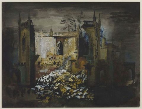 Watercolour. The wall facing us and the ceiling of a church have collapsed. The heap of rubble on the floor is lit from within the structure. A few hidden lights dimly break the complete darkness of the rest of the scene.