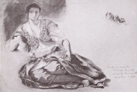 Illustration. Black and white reproduction of a pastel shows a woman sitting with her legs to one side, her elbow propped on an undrawn ledge. The face is only generally blocked in, but the folds of the voluminous skirt are detailed.