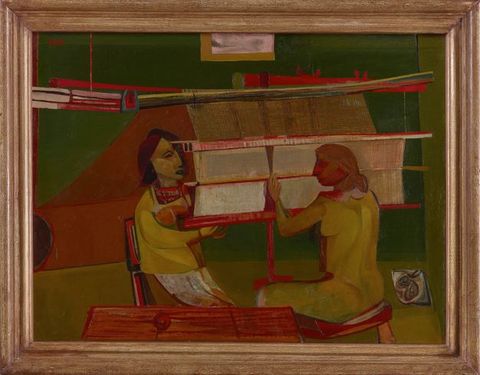 Painting. Two women sit at a loom. The scene is stylized, and the colour palette is limited almost entirely to brick red, pine green, straw yellow, ivory white, and a few touches of brown.
