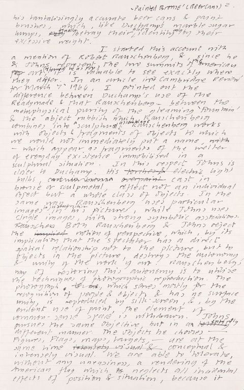 Handwritten document. Third of six pages drafting an article. Text is crossed out and revised in a few places.