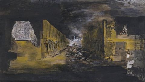 Drawing. A street lined with daffodil-yellow fronted buildings yawns in front of us. Black and grey rubble, ruins, and debris fill the dark street and night sky.