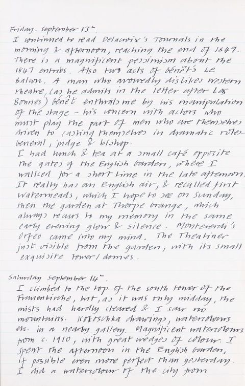 Handwritten document. Journal entries are headed “Friday, September 13th” and “Saturday, September 14th”. This page captures experiences in an exhibition and climbing a church tower.