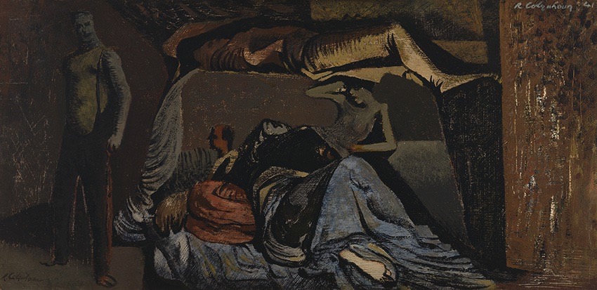 Painting. Several people stand, sit, and lie in a darkened space. Their skin is drab green, muted red, or slate blue. The scene is stylized and abstracted, and the scale and perspective shifts. The scene is painted in tones of brown and muted blue and green.