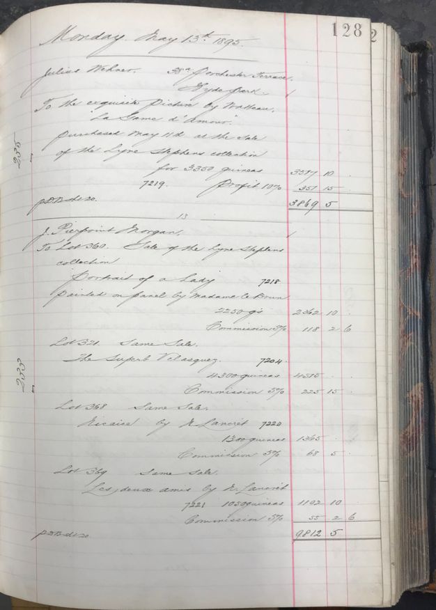 Page of a book. An entry almost halfway down the ledger begins, “J. Pierpont Morgan”. The page is filled with slanting, copperplate writing and figures.