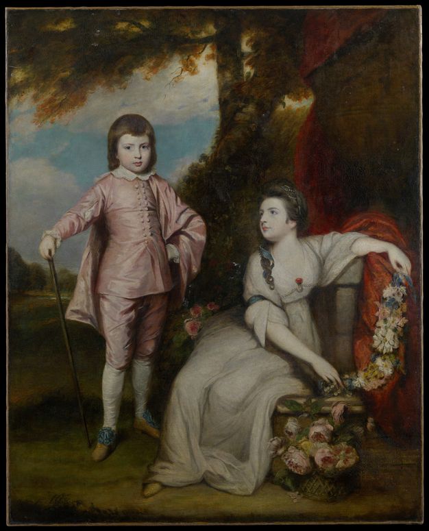 Painting. A young boy stands and a young woman sits in a landscape. Both have pale skin, brown hair, and pink lips. The boy wears a rose-pink silk suit, and he looks out at us, one hand on hip and the other resting on a cane. The woman wears a white dress and looks up at the boy.