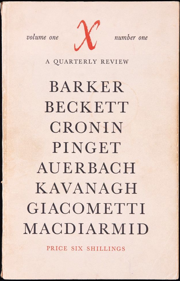 Magazine cover. A red X and text “Price Six Shillings” are printed in red and the rest of the cover in black. After the title, artist’s names are listed in the largest type on the cover as follows: “Barker Beckett Cronin Pinget Auerbach Kavanagh Giacometti Macdiarmid”.