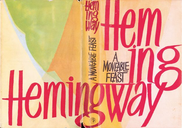 Book cover. The cover is laid flat so the spine runs down the middle. The right page, which would have been the front cover, has the author’s name in three rows of oversized letters that fill the page, “Hem”, “ing”, and “way”, around the title. The name repeats across the bottom of the back cover so that when open, like this, the “Heming” on the back cover meets the “way” of the front.