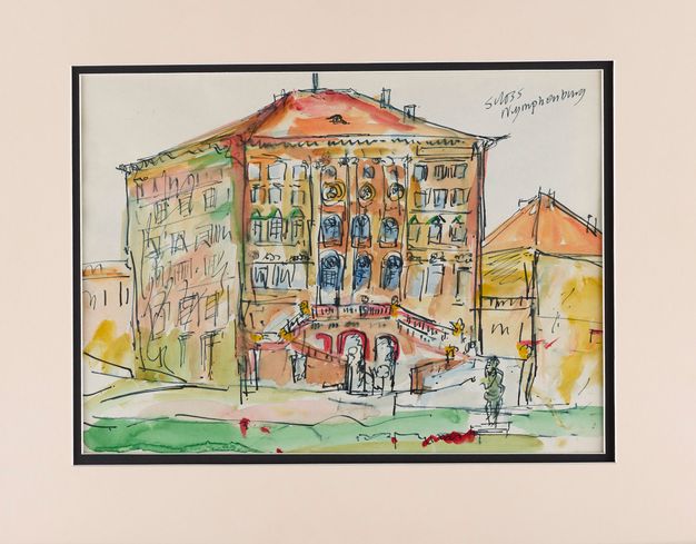 Watercolour. A square building with a hipped roof has a double staircase at the front, which is angled to our right. The scene is loosely laid in with vibrant yellow, brown, and green.